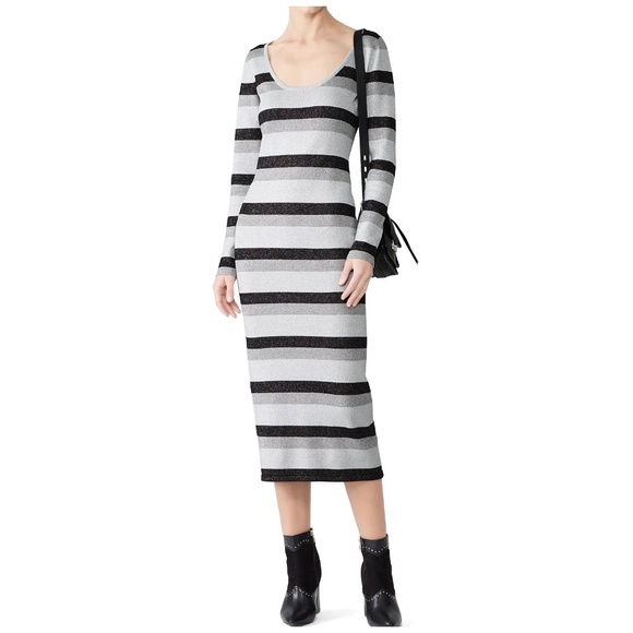 STYLESTALKER Avalon Knit Midi Dress Striped Sparkling Holidays Silver S M L XL - Picture 1 of 4